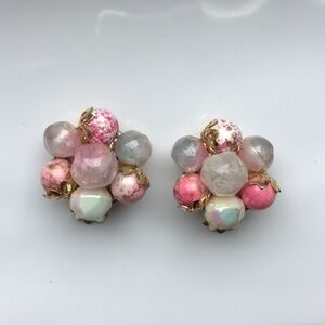 Vintage Mixed Bead Button Clip Earrings Pearl Pink Pastel with Gold Accents